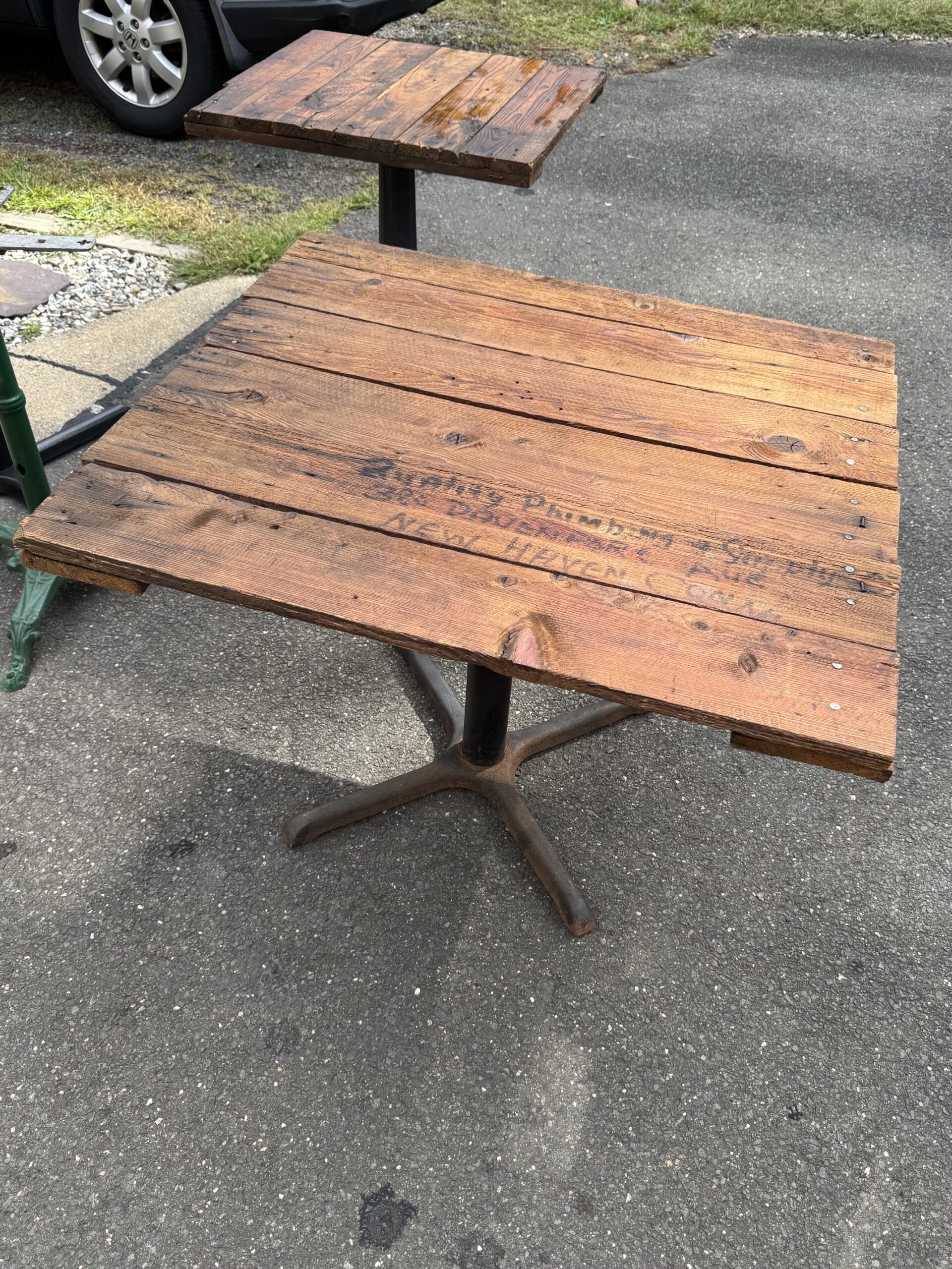tables ,reclaimed materials, rustic.
