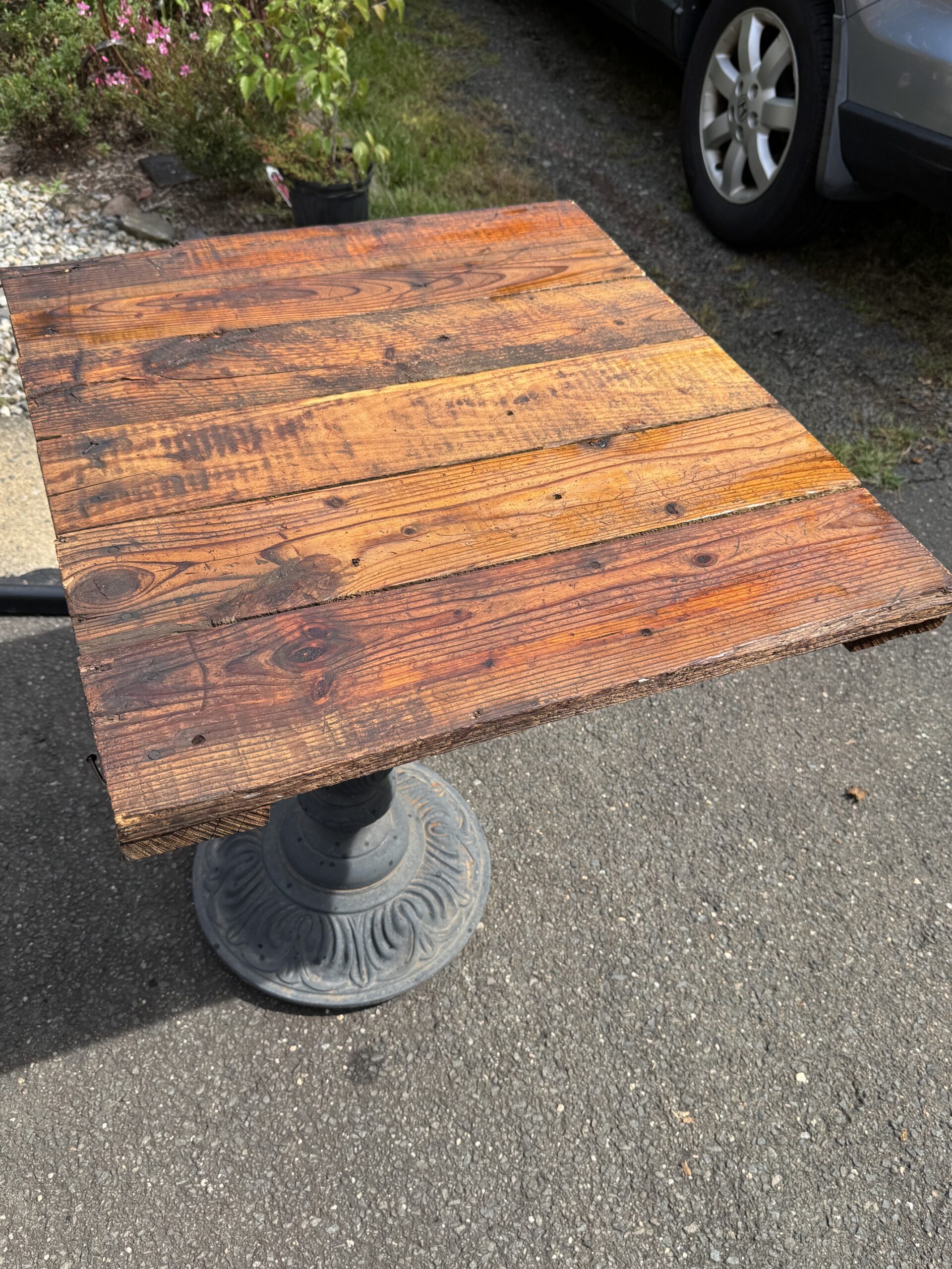 tables ,reclaimed materials, rustic.